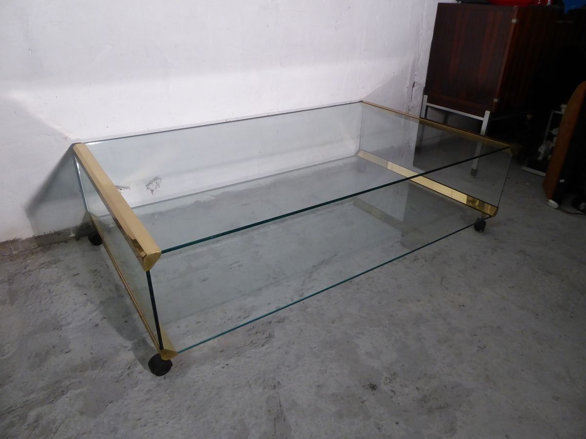 Large Glass & Gilded Brass Coffee Table By Pierangelo Gallotti For Gallotti & Radice, 1970s photo for sale