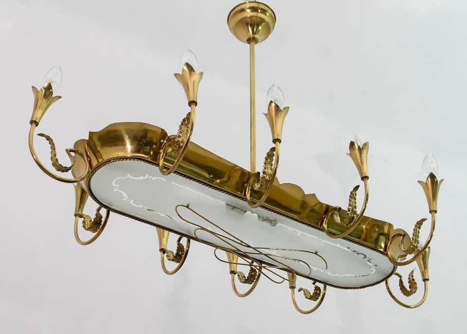 After Pietro Chiesa Mid Century Italian Brass 12 Lights Candelier Fontana Arte 40s photo for sale