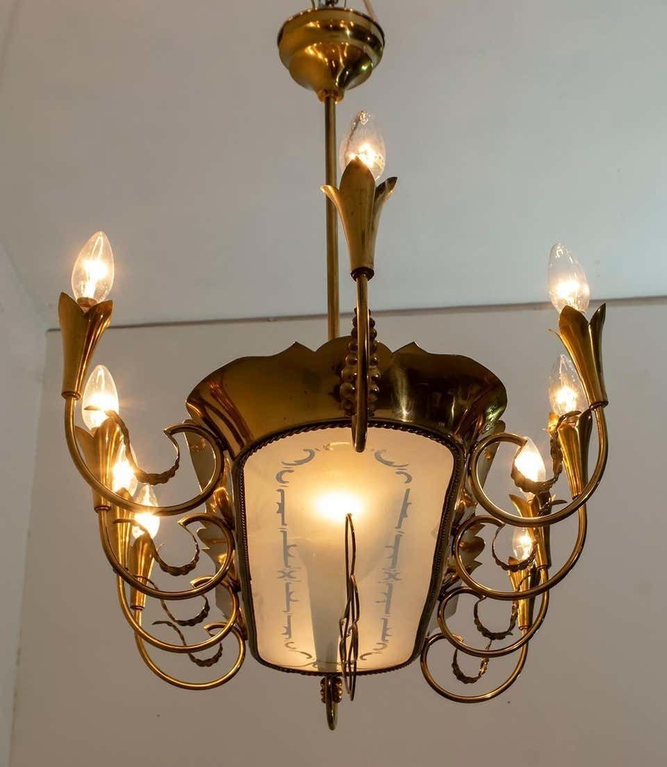 Lighting After Pietro Chiesa Mid Century Italian Brass 12 Lights Candelier Fontana Arte 40s photo