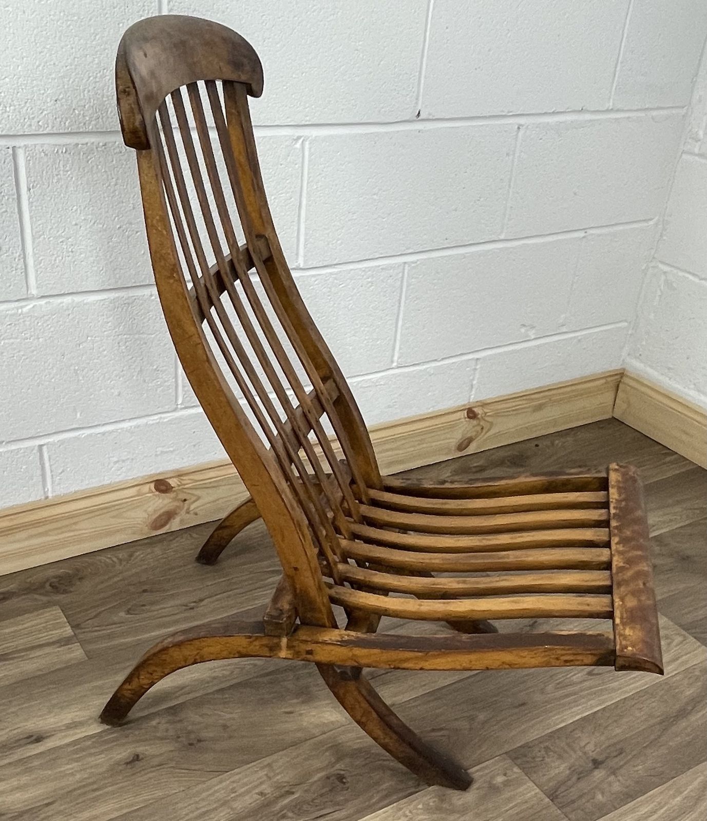 Stunning 19th C Cunard Line Teak Slat Back Deck Chair photo for sale