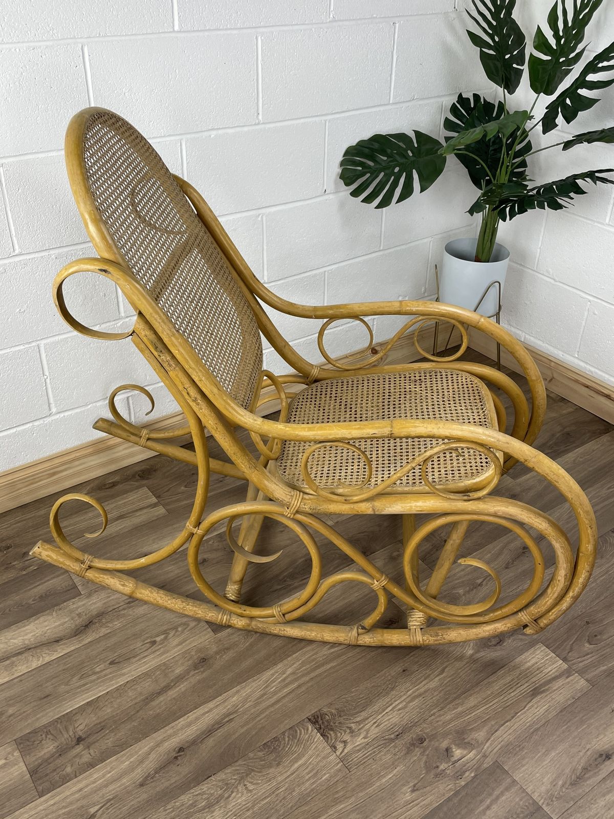 photo for sale Mid Century Bamboo Rocking Chair, Large In The Style Of Thonet Boho
