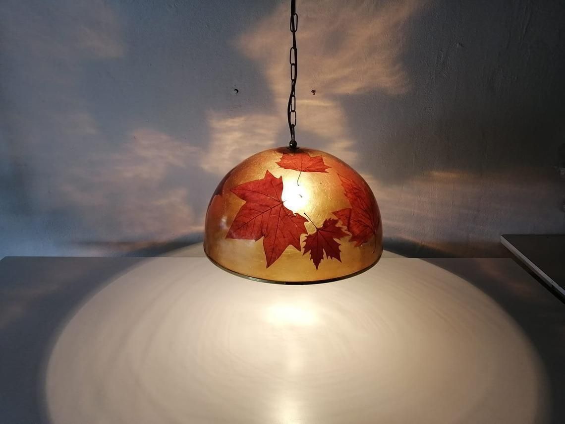 Wonderful Resin Shade With Real Leafs Italian Pendant Lamp, 1970s Italy photo Lighting