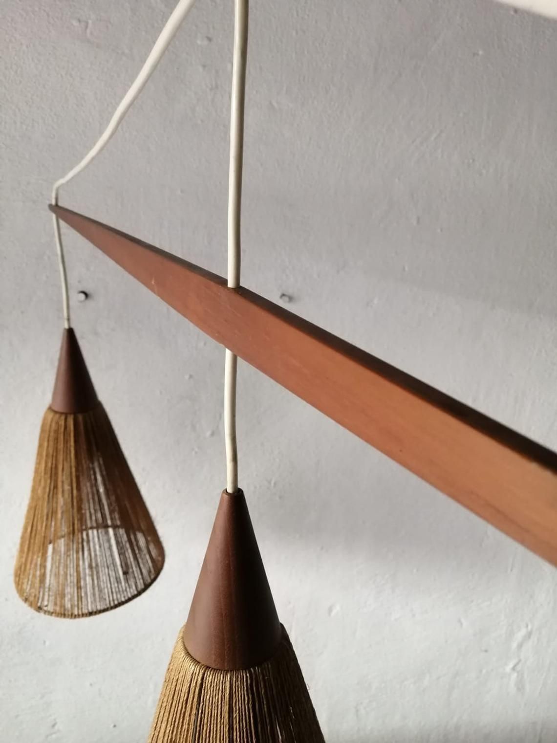 Rare Teak And Natural Ropes Triple Shade Ceiling Lamp By Ib Fabiansen For Fog & Mørup, 1960s Denmark photo buy