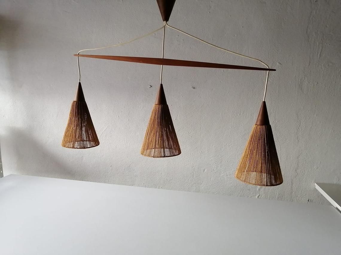 photo furniture Rare Teak And Natural Ropes Triple Shade Ceiling Lamp By Ib Fabiansen For Fog & Mørup, 1960s Denmark