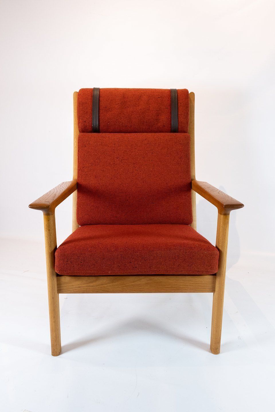 High Armchair In Oak And Red Wool Fabric By Hans J. Wegner And Getama From The 1960s. photo furniture