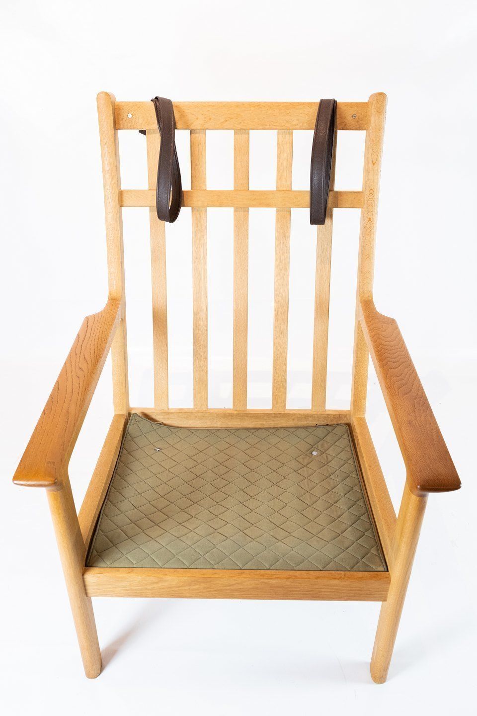 High Armchair In Oak And Red Wool Fabric By Hans J. Wegner And Getama From The 1960s. photo for sale