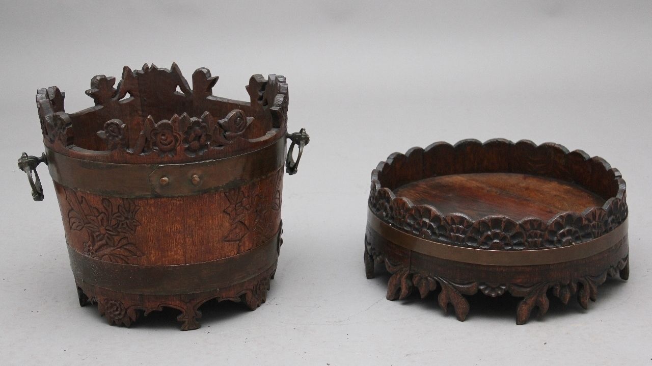 19th Century Carved Oak Bucket And Stand photo vinterior