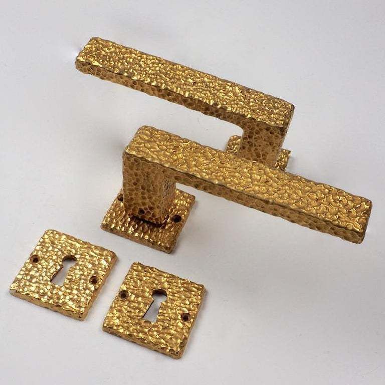 Three Sets Of French 1970s Gilt Door Handles With Matching Key Plates photo for sale