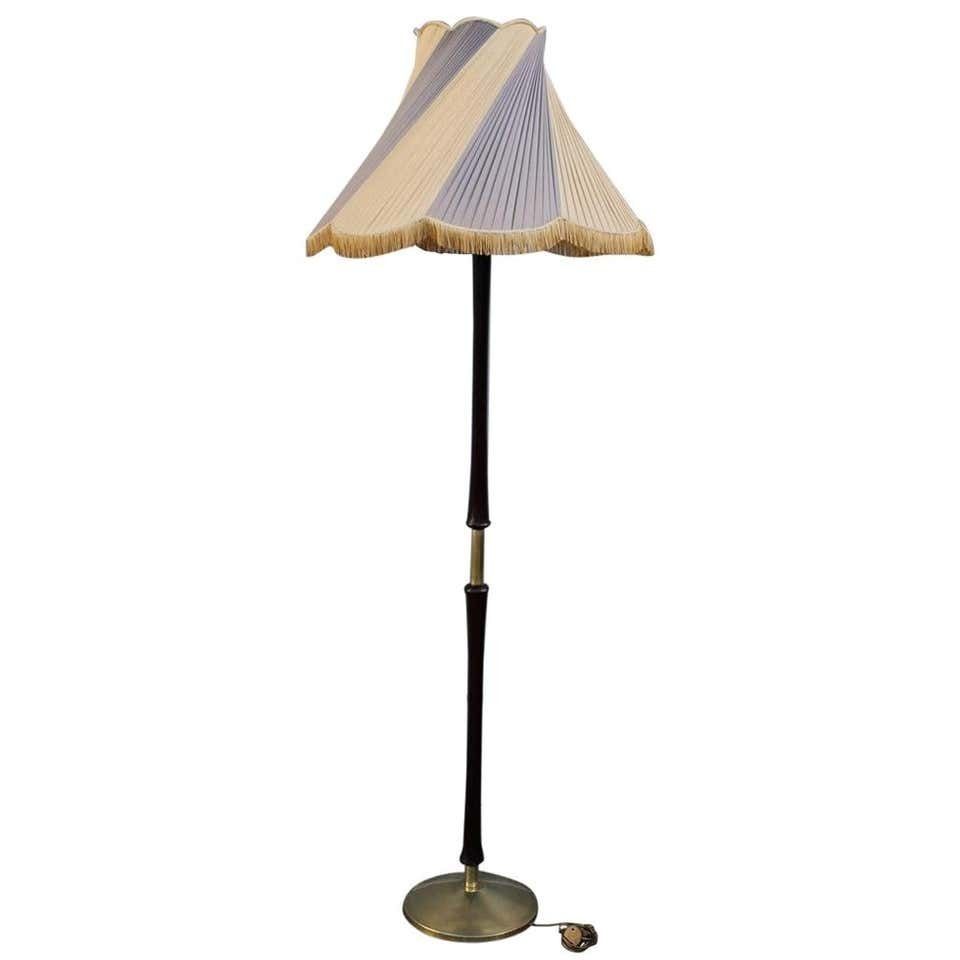 Midcentury Italian Floor Lamp Mahogany Brass Gold Italian Design Fabric Dome