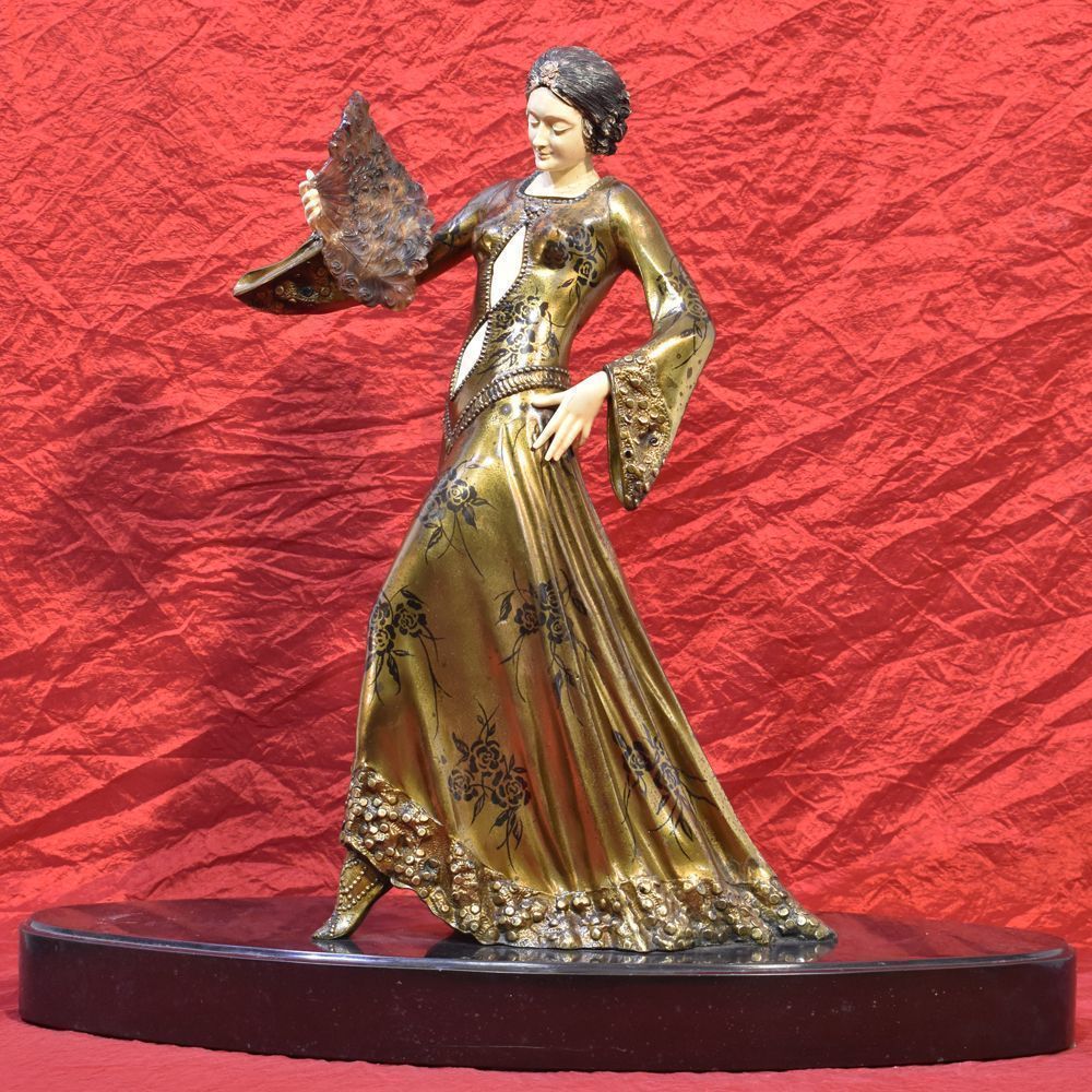 Antique Antimony Sculpture, Woman With Fan Sculpture, Art Deco, 20 Th Century.