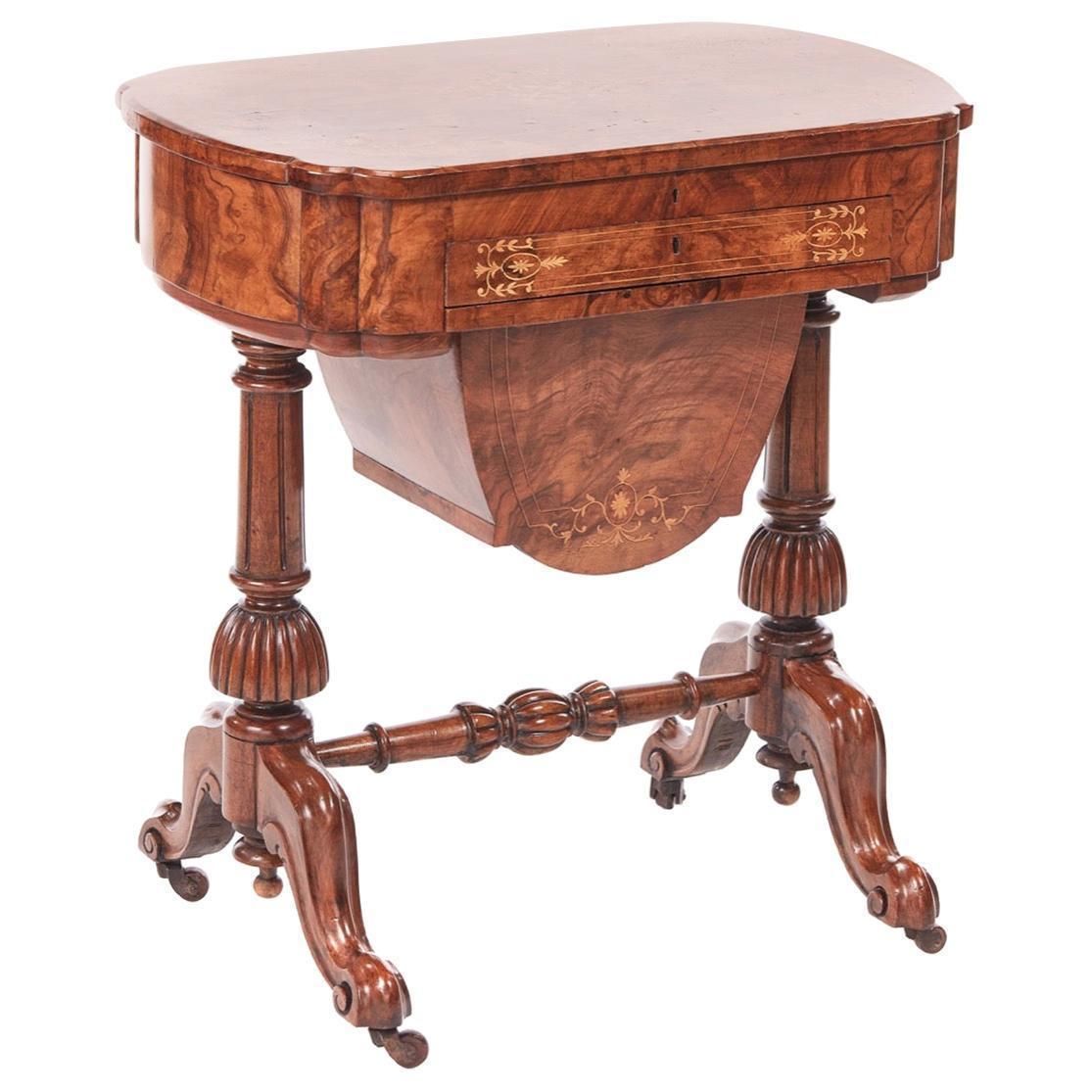 Antique Early Victorian 19th Century Inlaid Burr Walnut Writing Or Sewing Table