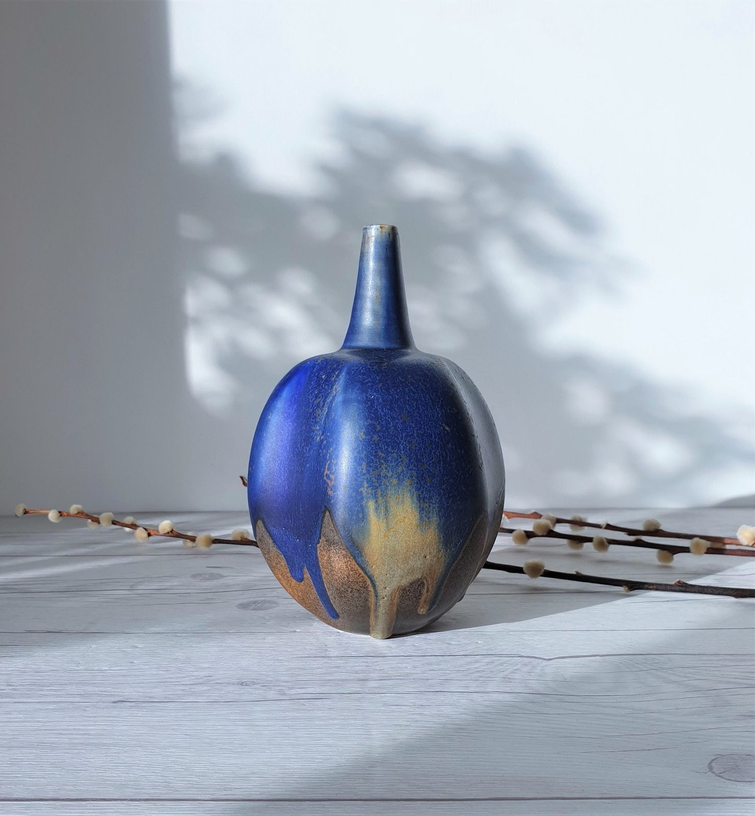Reiner Gehrig, Grünstadt Studio, Matte Cedar, Sand And Blue Running Glaze Bottle Vase | 1970s photo furniture