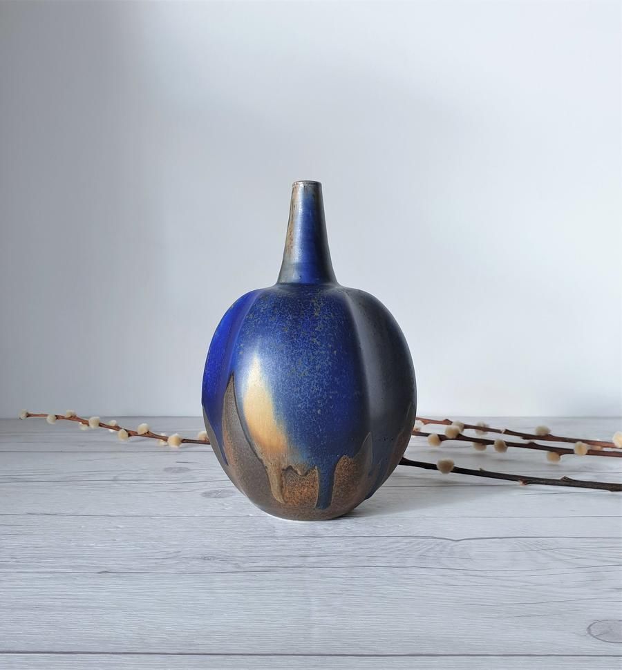 Home Decor Reiner Gehrig, Grünstadt Studio, Matte Cedar, Sand And Blue Running Glaze Bottle Vase | 1970s photo