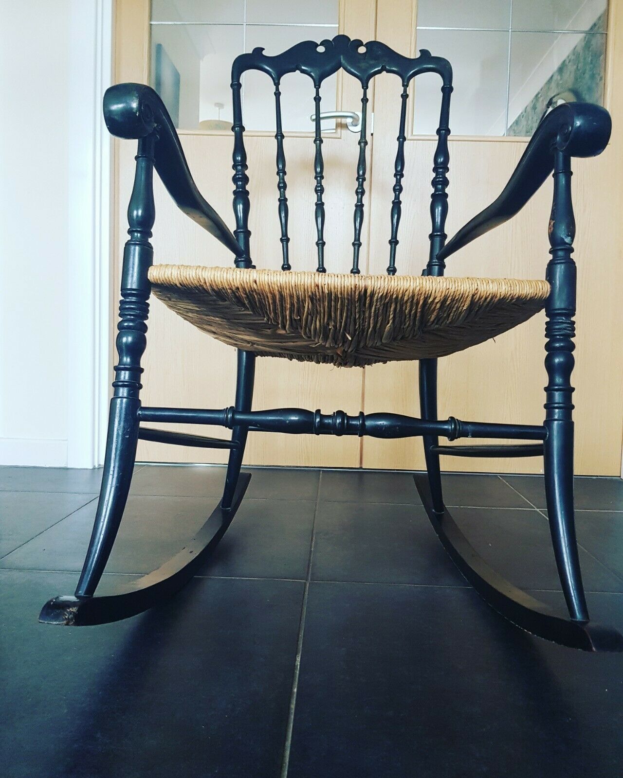 A Rare Italian Vintage Chiavari Ebonised Rocking Armchair 1950s