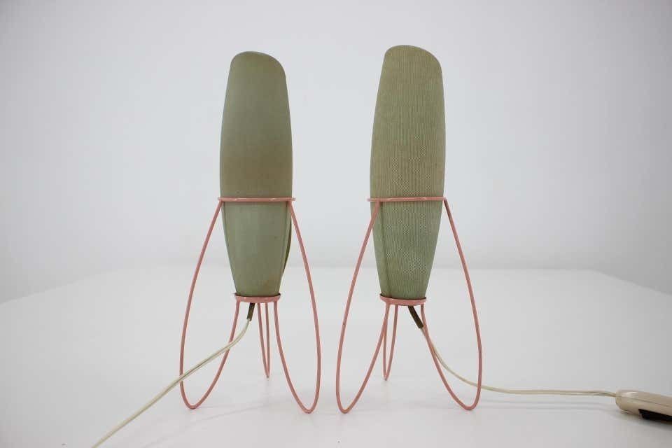 Pair Of Two Space Age Rare Table Lamps, Rockets By Pokrok Zilina / 1960s
