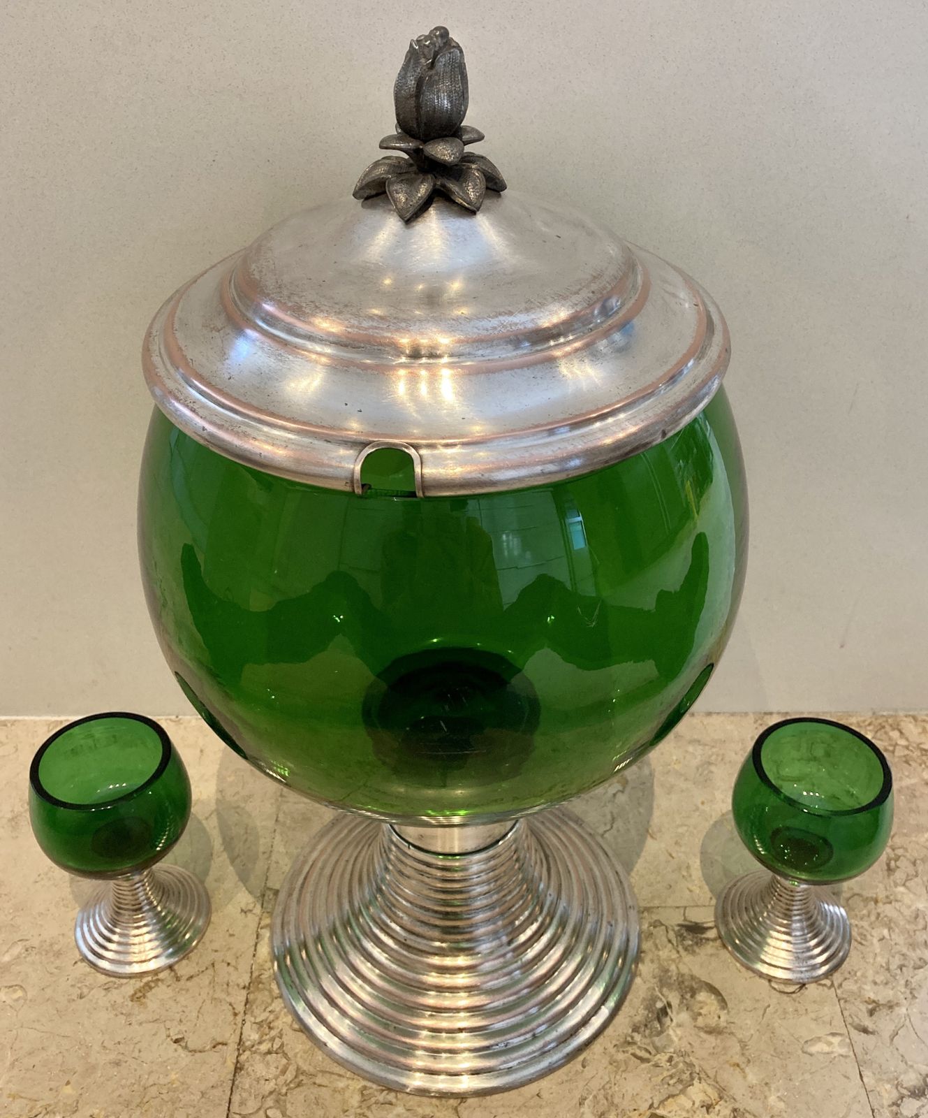 Mid Century French Set Of Punch Bowl Green Glass With Top And 2 Matching Cups photo for sale