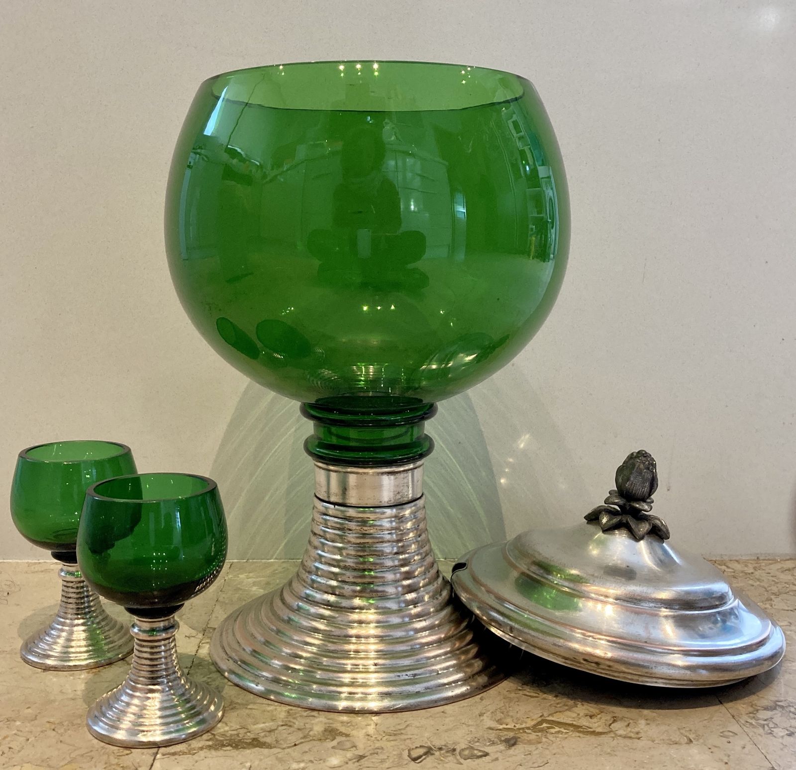 Mid Century French Set Of Punch Bowl Green Glass With Top And 2 Matching Cups photo 1124.0