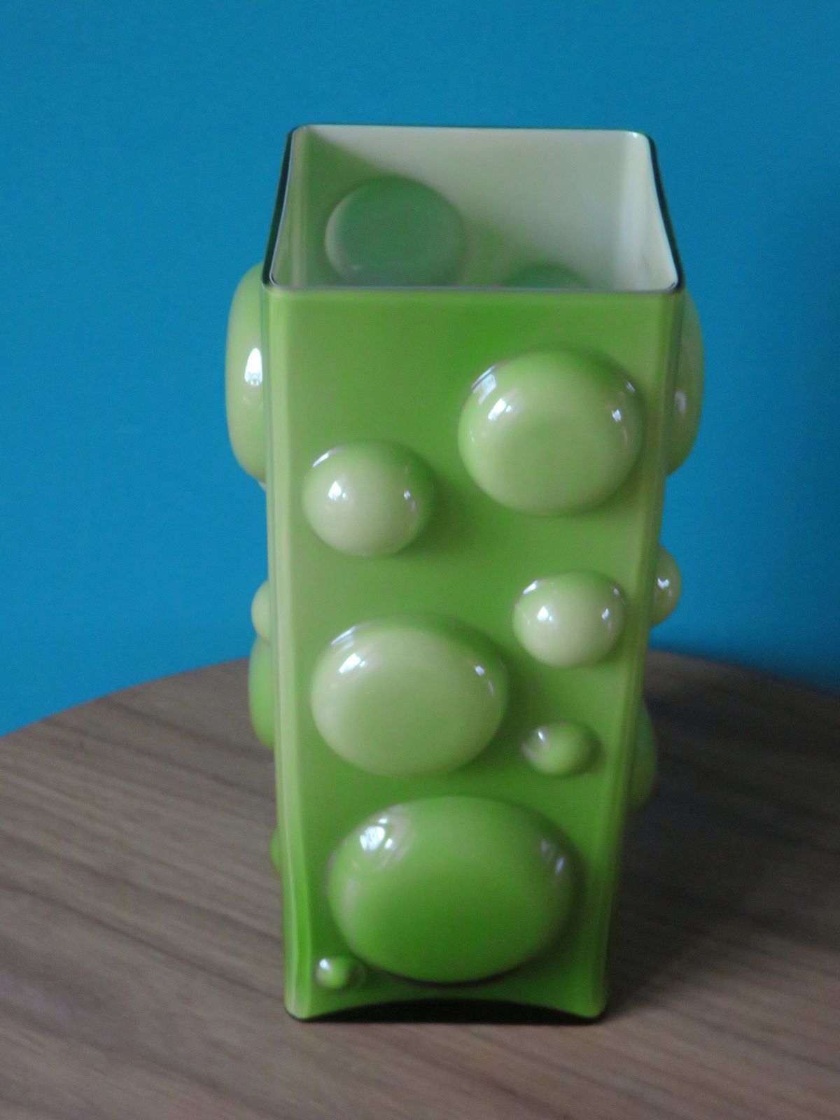 Large Square Half Bubble Vase In Apple Green Lined Glass   Denmark 1975