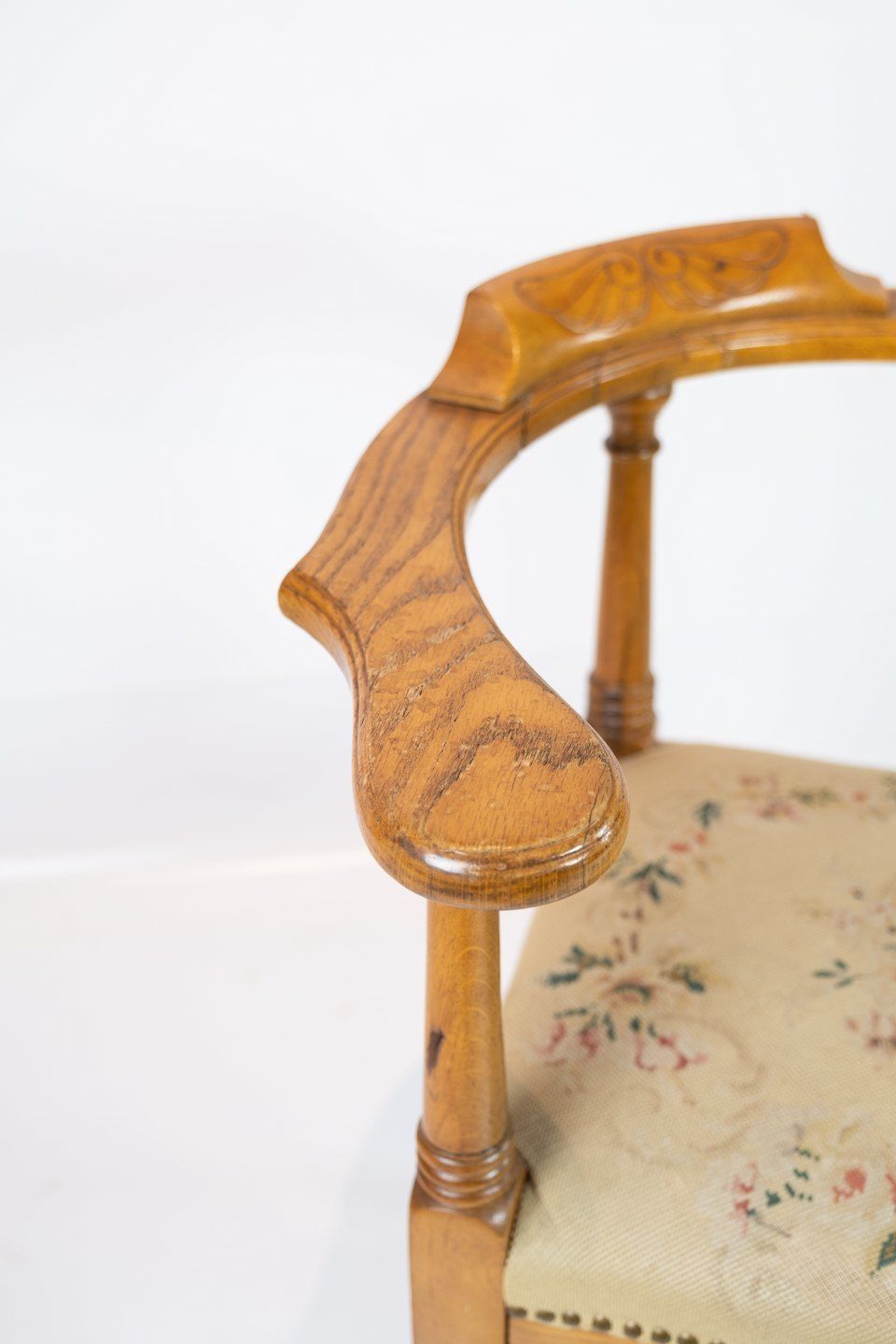 Armchair In Polished Oak And Upholstered With Light Embroidered Fabric From The 1910s. photo for sale