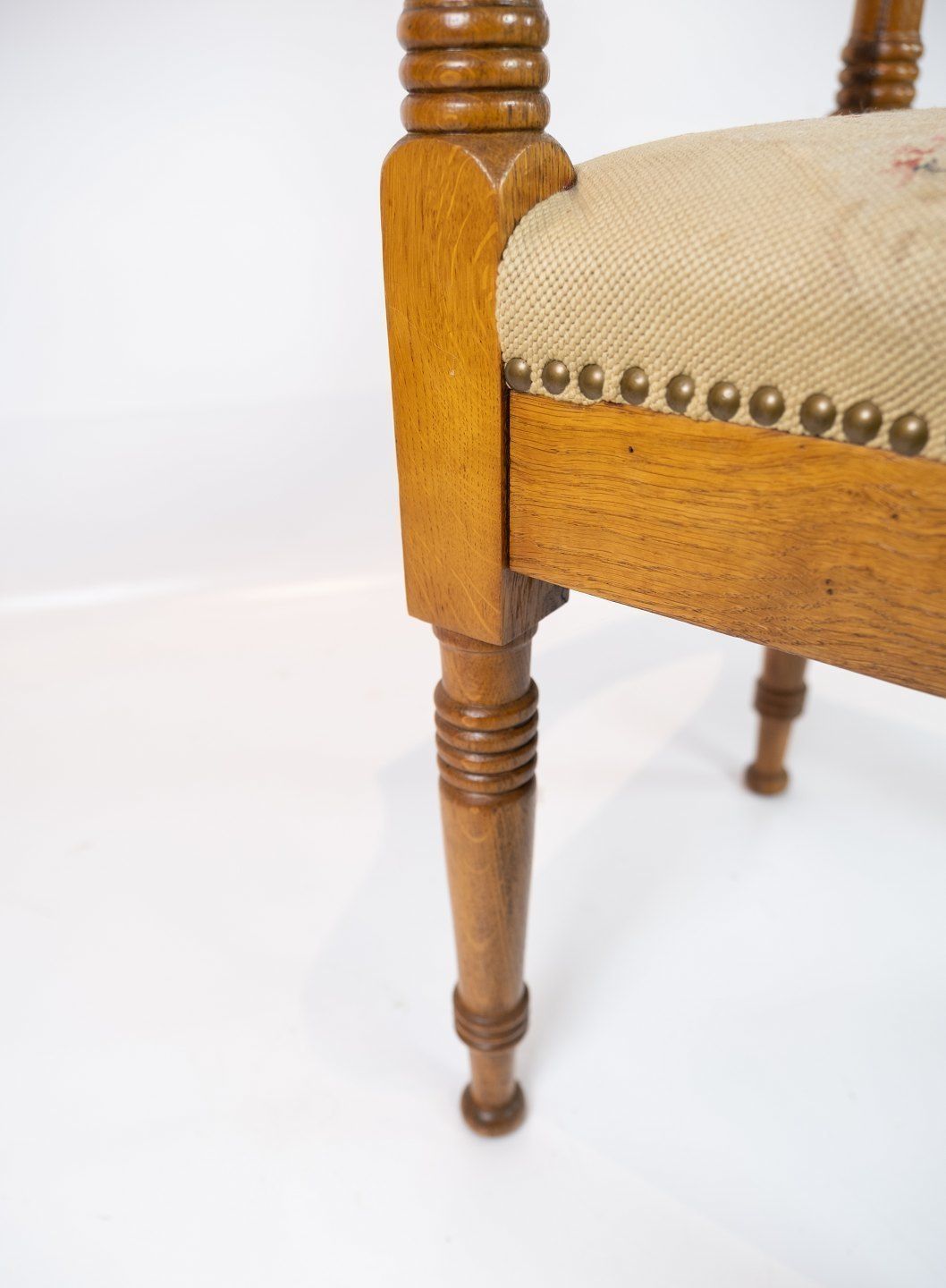 Armchair In Polished Oak And Upholstered With Light Embroidered Fabric From The 1910s. photo vinterior