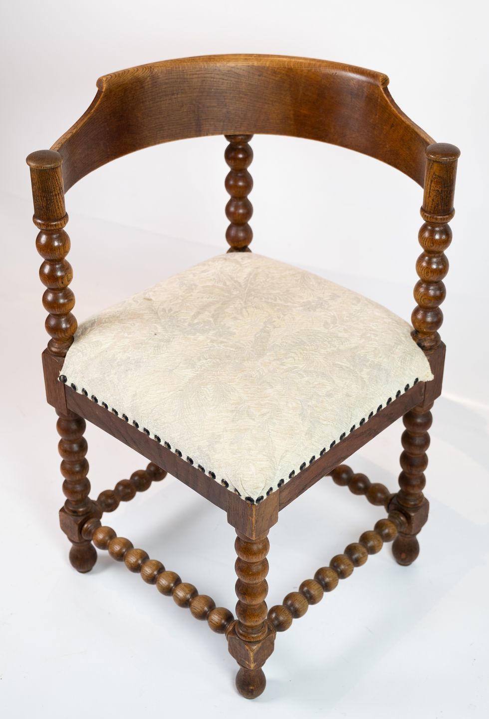 Armchair In Polished Oak And Upholstered With Light Fabric, From The 1890s.