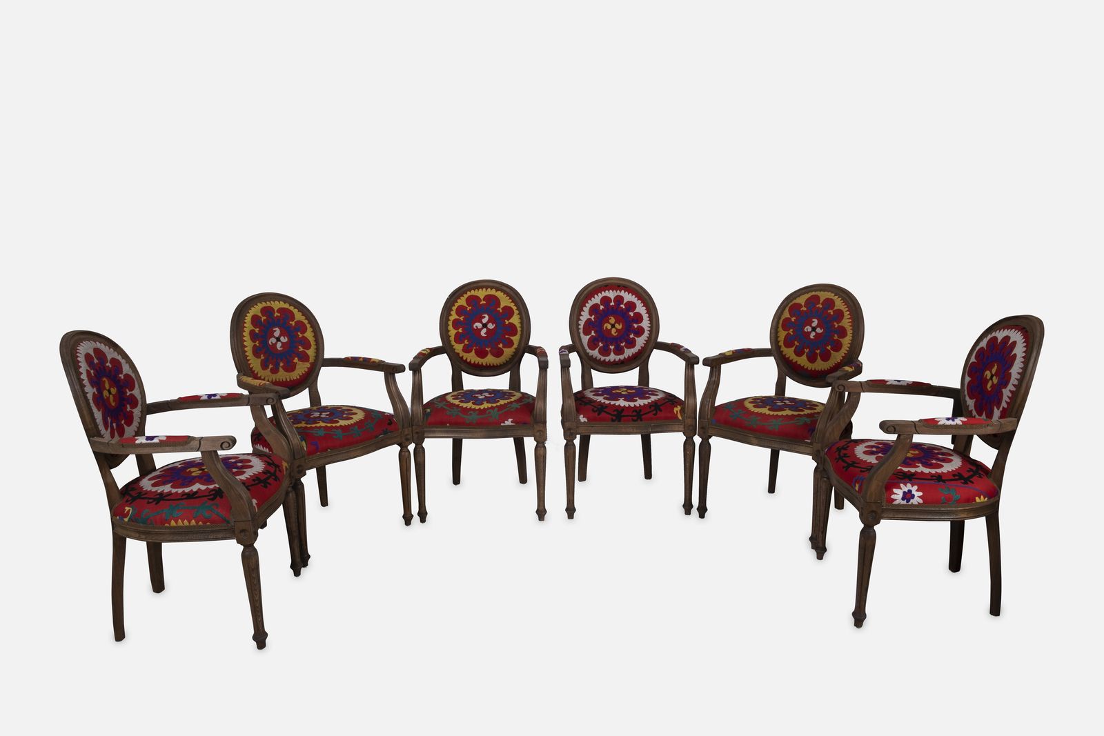 Set Of 6 Vintage Wooden Suzani Armchair Diningroom Chair With Bergere Style photo vintage
