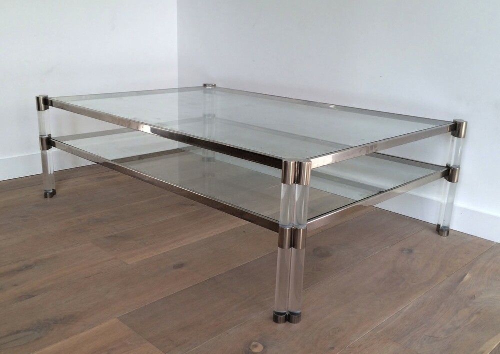Large Lucite And Chrome Coffee Table With 2 Glass Shelves. French Work. Circa 1970 photo furniture