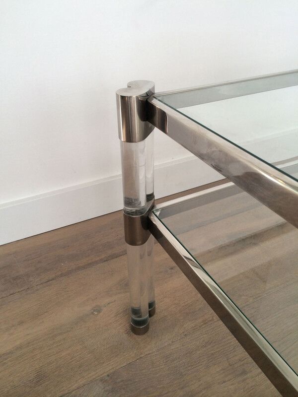 Large Lucite And Chrome Coffee Table With 2 Glass Shelves. French Work. Circa 1970 photo vinterior