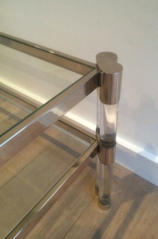 Large Lucite And Chrome Coffee Table With 2 Glass Shelves. French Work. Circa 1970 photo vintage