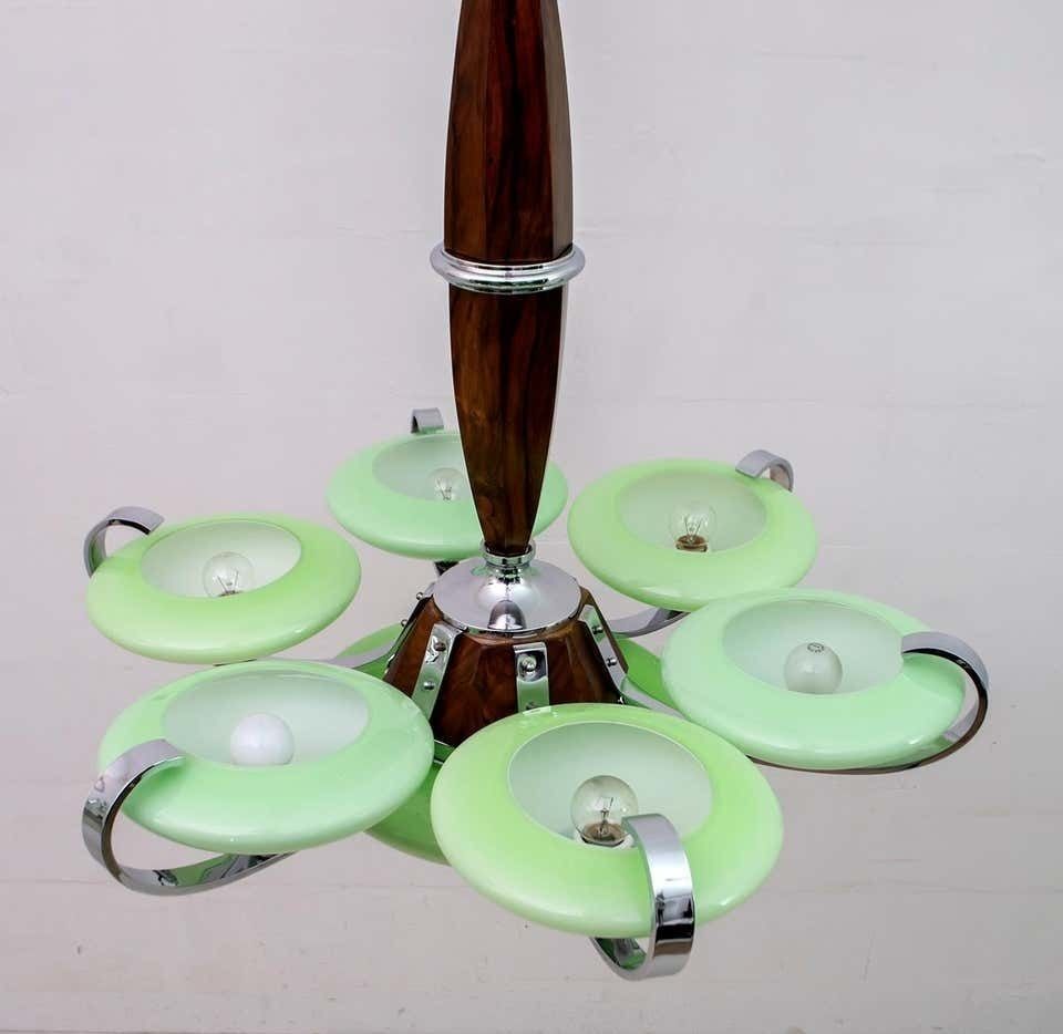 photo for sale Art Dèco Italian Chrome And "Incamiciato" Glass Chandelier, 1930s