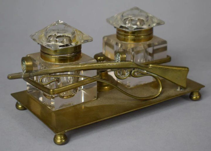 Antique Brass Gun Rifle Inkwell