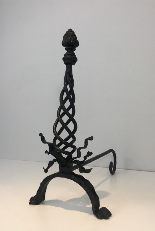 Pair Of Twisted Wrought Iron Andirons With Finials. French. Circa 1940 photo vinterior