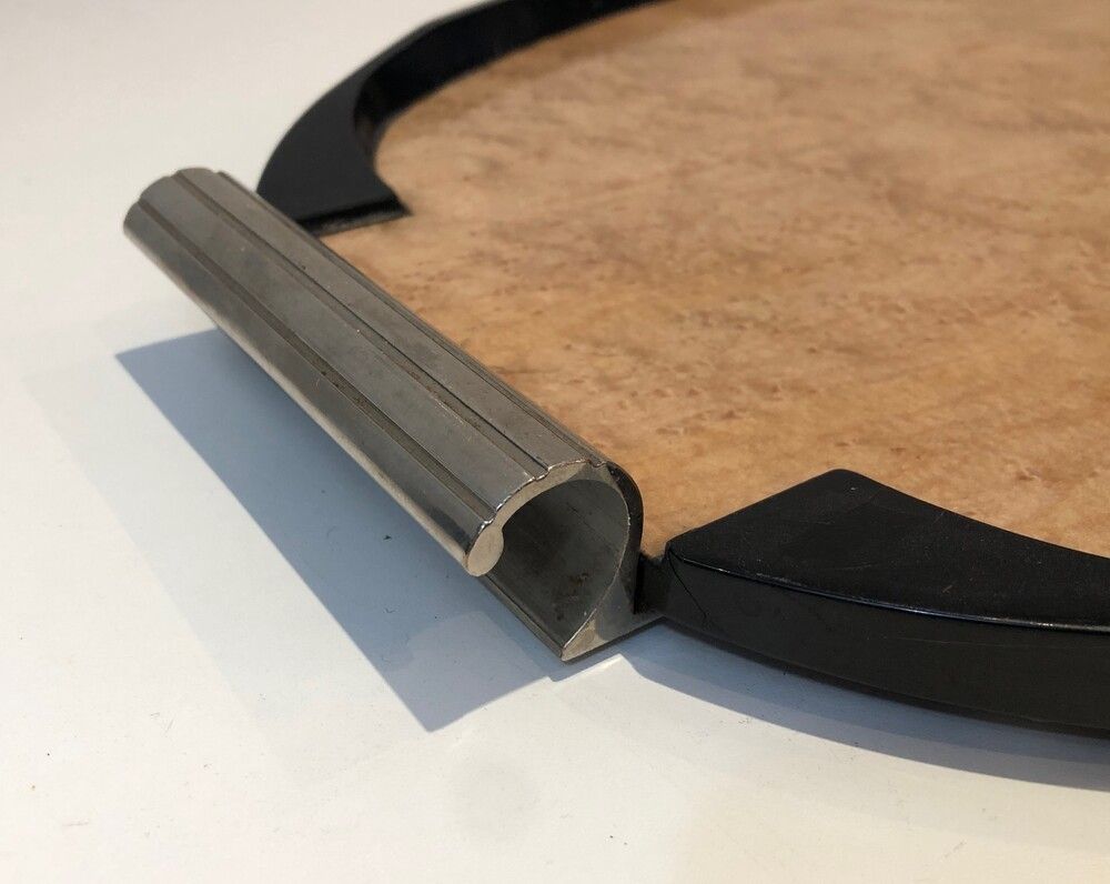 Art Deco Sycamore, Ebonised Wood And Chrome Tray photo for sale