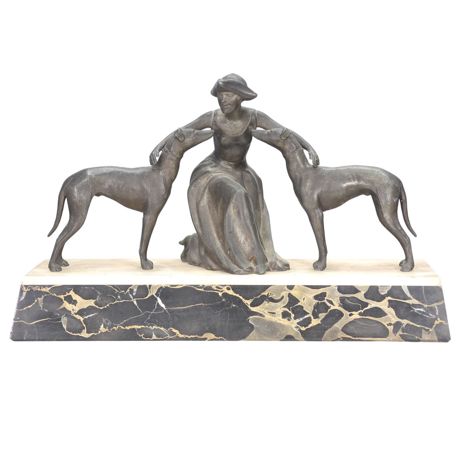 Regulates Art Deco Period 1930 On Onyx Base Young Woman With Greyhounds