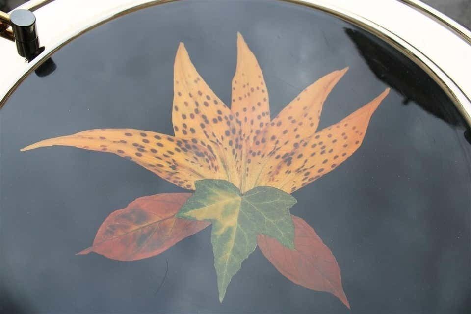 photo for sale Round Tray In Golden Brass With Black Background And Real Leaves Made In Italy