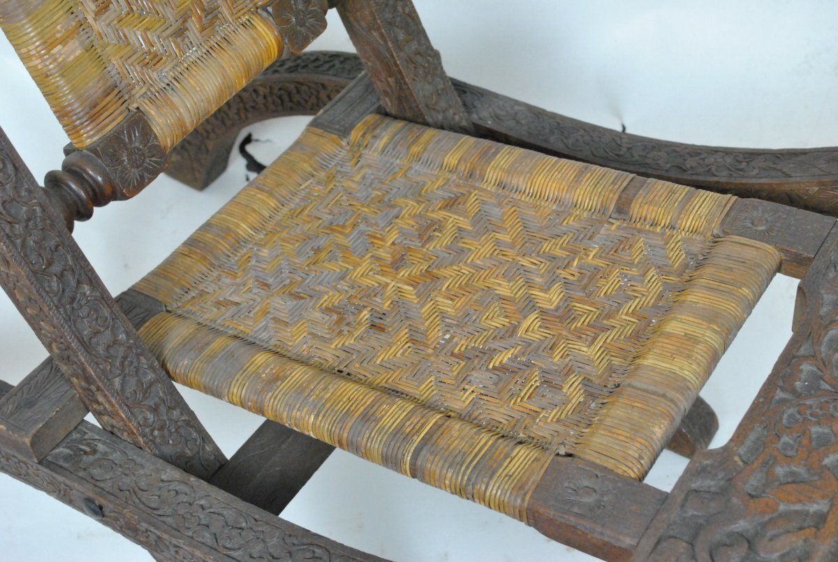 Folding Chair In Carved Exotic Wood And Cannage, Asia, Late 19th / Early 20th Century photo furniture