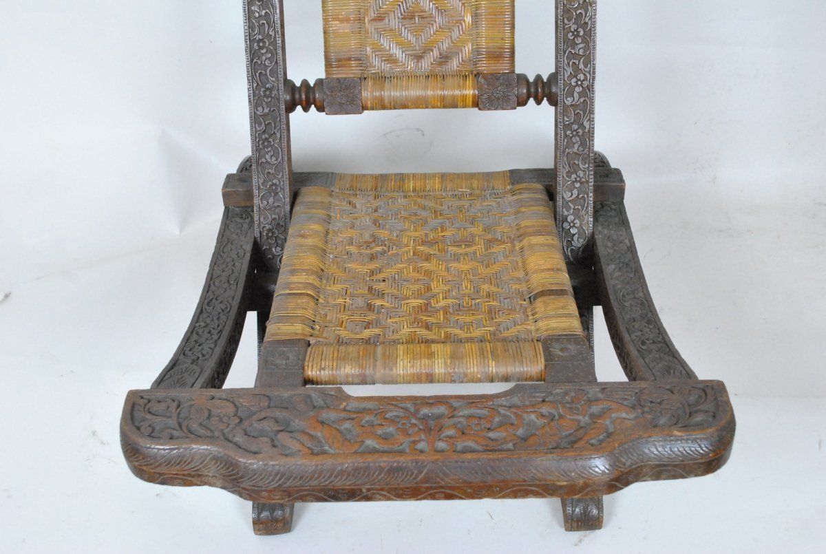 Folding Chair In Carved Exotic Wood And Cannage, Asia, Late 19th / Early 20th Century photo vintage