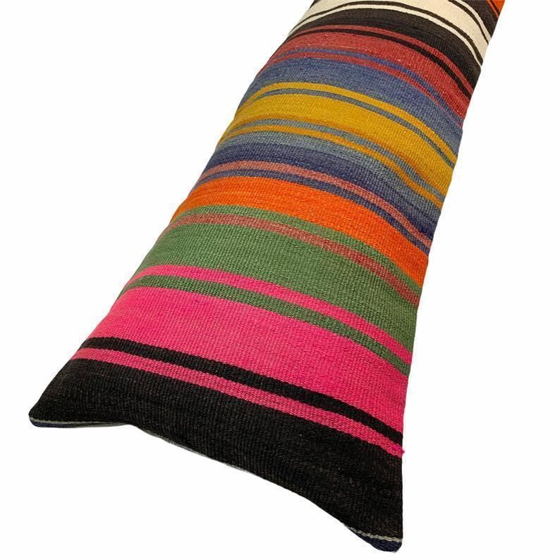 Bedding Kilim Pillow, Oversize Cushion Cover, Long Bolster Kilim Pillow Cover, King Pillow Shams Long Pillows For Bed photo vintage