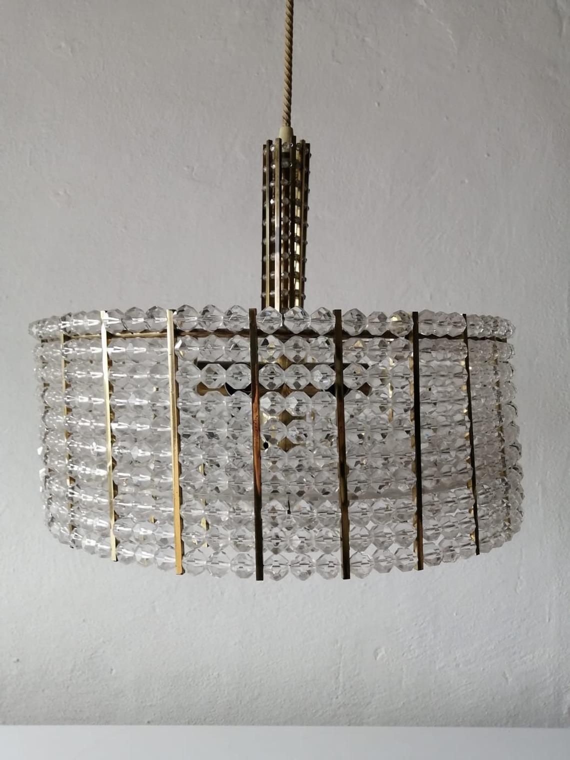 Gorgeous Brass Body & Plexiglass Beads Luxurious 3 Layer Chandelier By Emil Stejnar For Rupert Nikoll   1950s Austria photo 1399.96