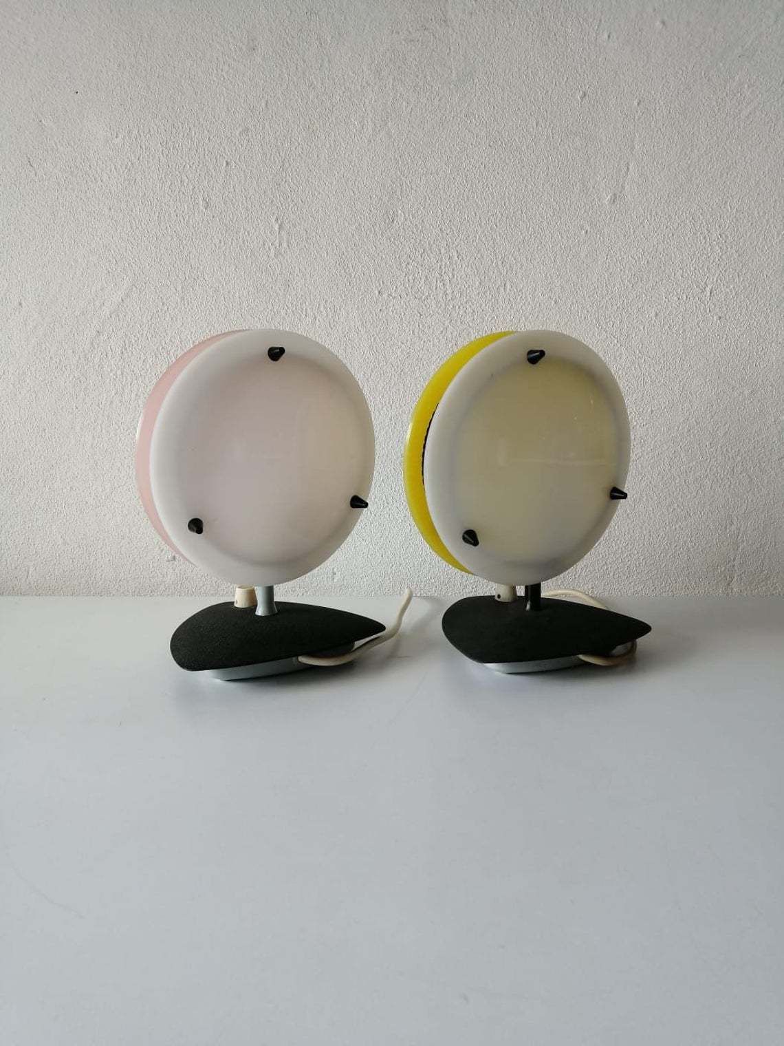 Beautiful Pink/Yellow And White Plexiglass Italian Pair Of Table Lamps, 1950s Italy photo Lighting