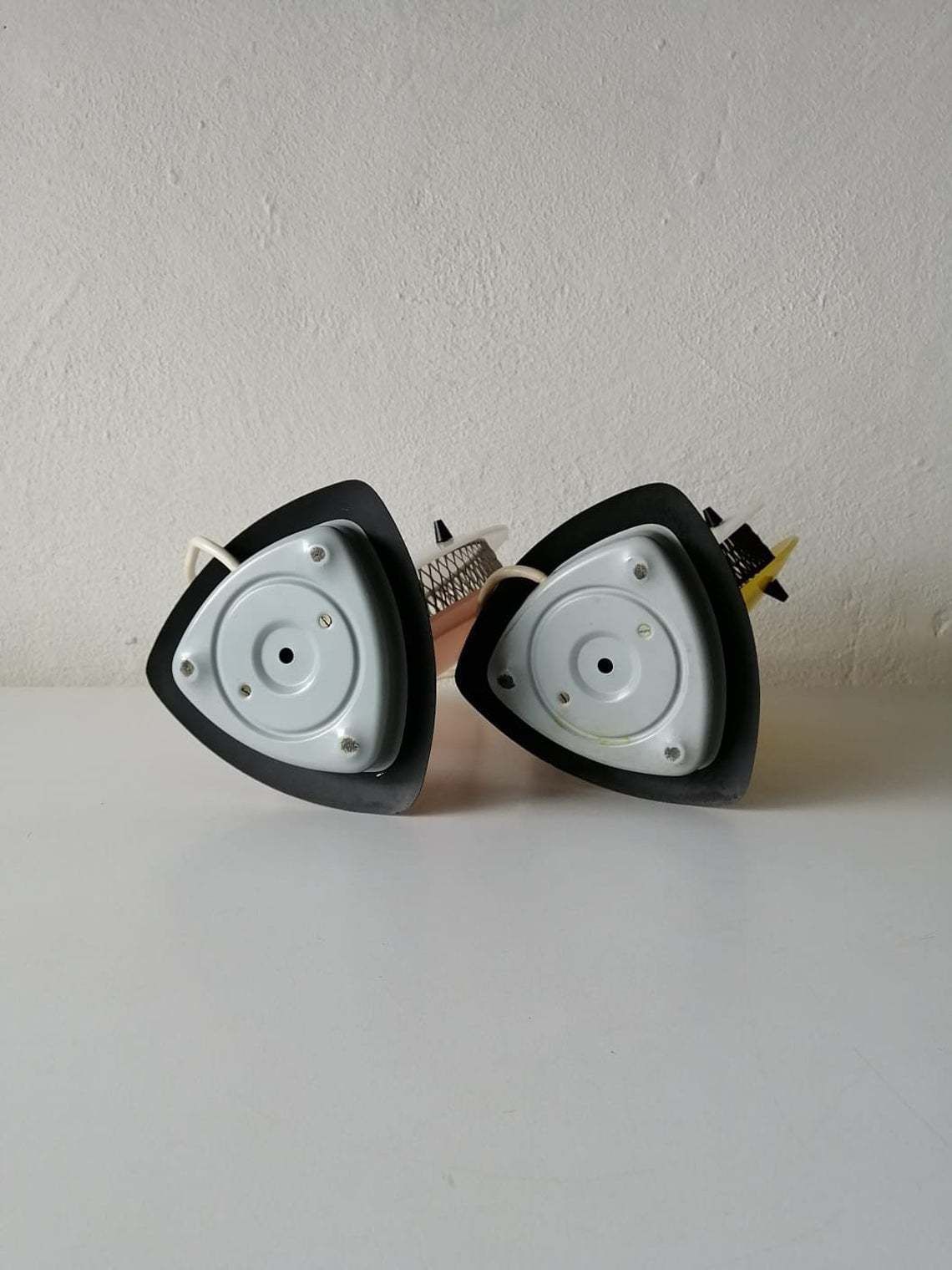photo for sale Beautiful Pink/Yellow And White Plexiglass Italian Pair Of Table Lamps, 1950s Italy