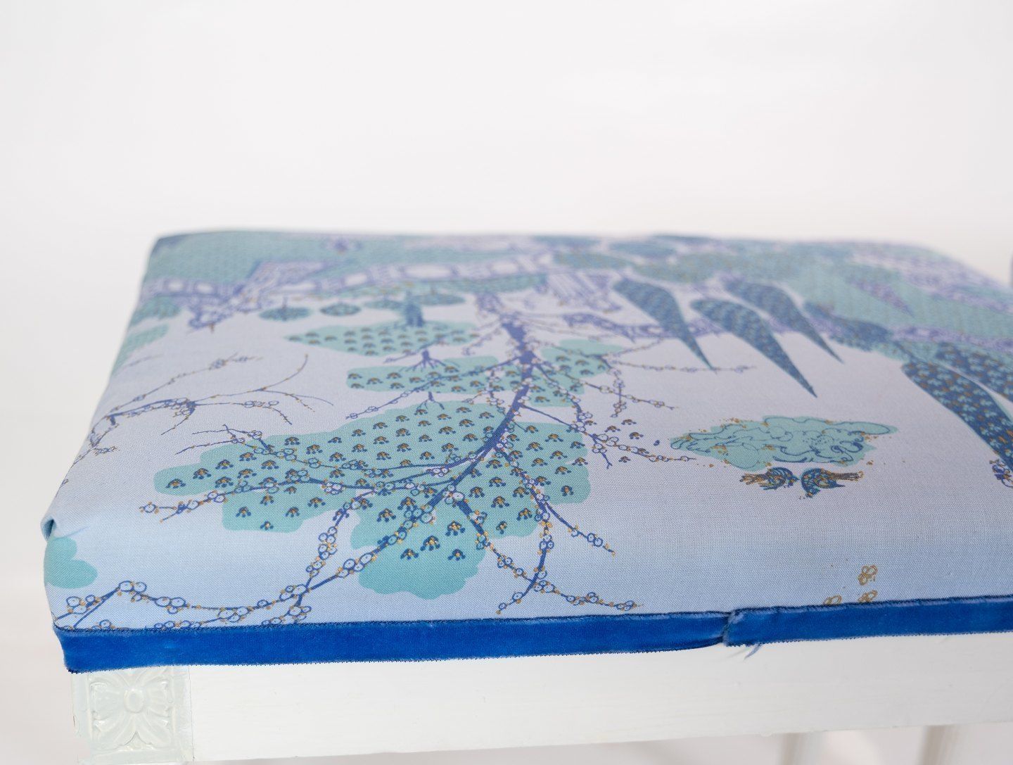 A Set Of 2 Antique Stools With White Painted Wood And Upholstered With Blue Fabric From The 1920s. photo for sale