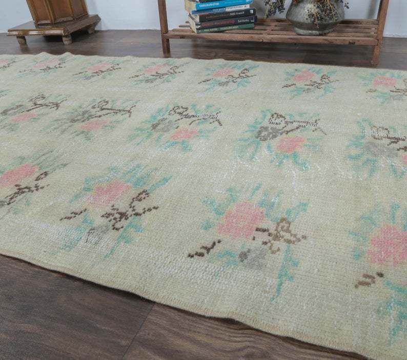 3x9 Vintage Turkish Runner, Oushak Handmade Wool Rug, Light Green Floral Hallway Rugs, Anatolia Farmhouse Decor One Of A Kind, Ethnic photo 249.0