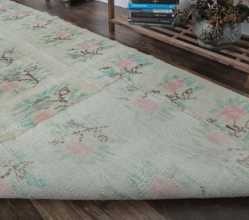 3x9 Vintage Turkish Runner, Oushak Handmade Wool Rug, Light Green Floral Hallway Rugs, Anatolia Farmhouse Decor One Of A Kind, Ethnic photo vinterior