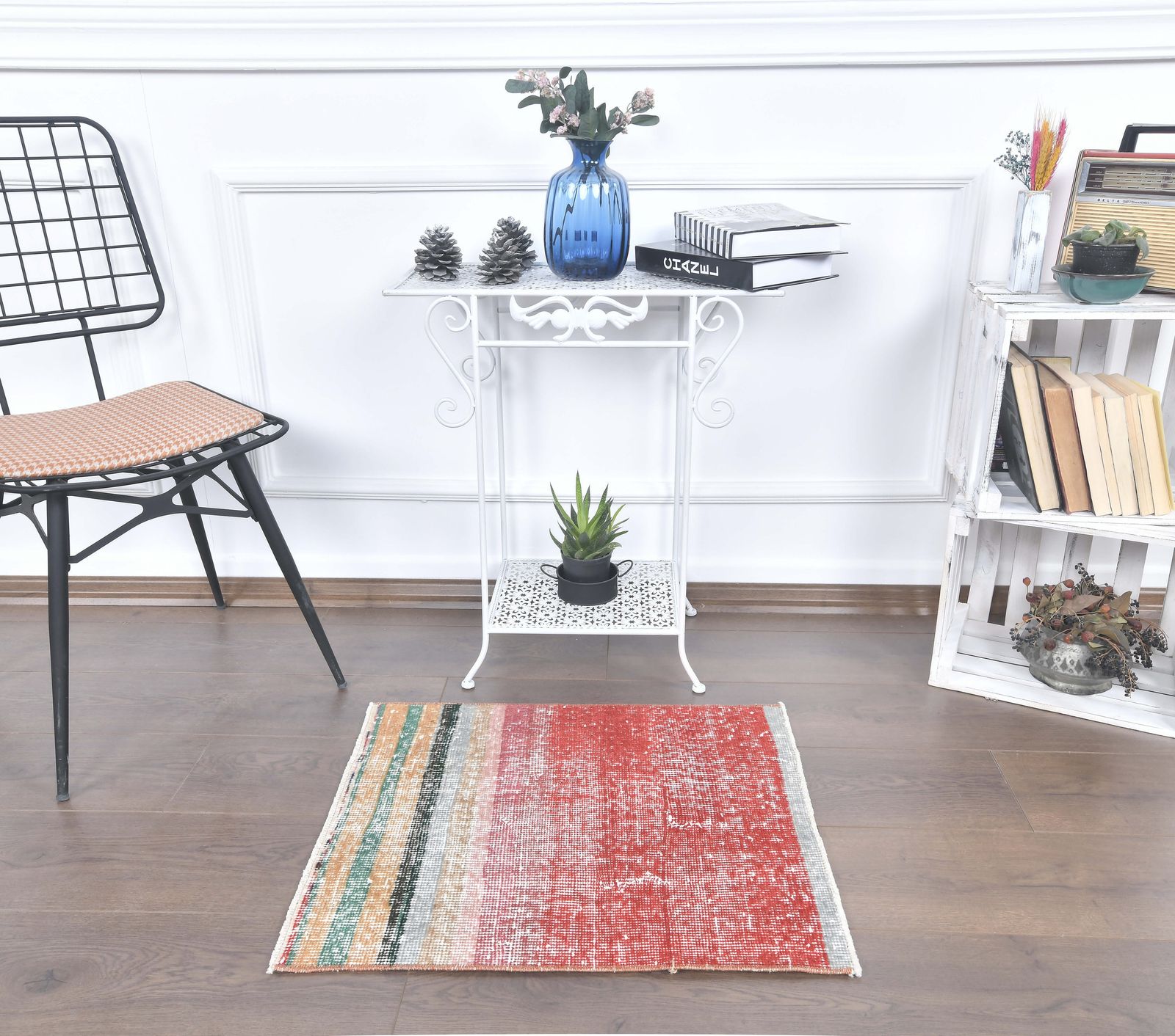Turkish Vintage Oushak Rug, Square Door Mat, Handmade Wool, Red Modern, Pet Dog Cat Mat photo furniture