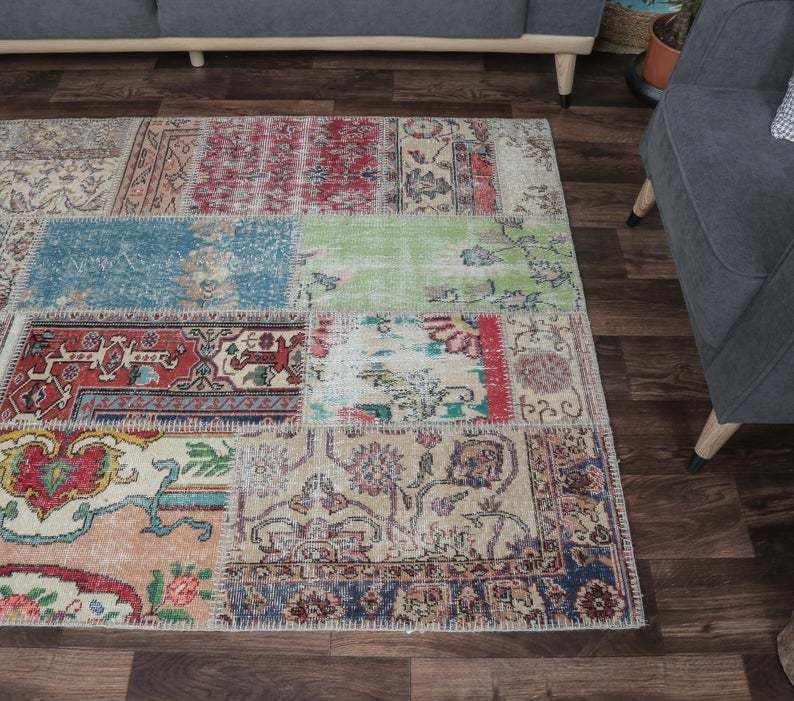 Patchwork Turkish Vintage Rug, Oushak Handmade Wool Rug, Rustic Small Room Rugs, Farmhouse Decor, One Of A Kind, Anatolia photo Textiles
