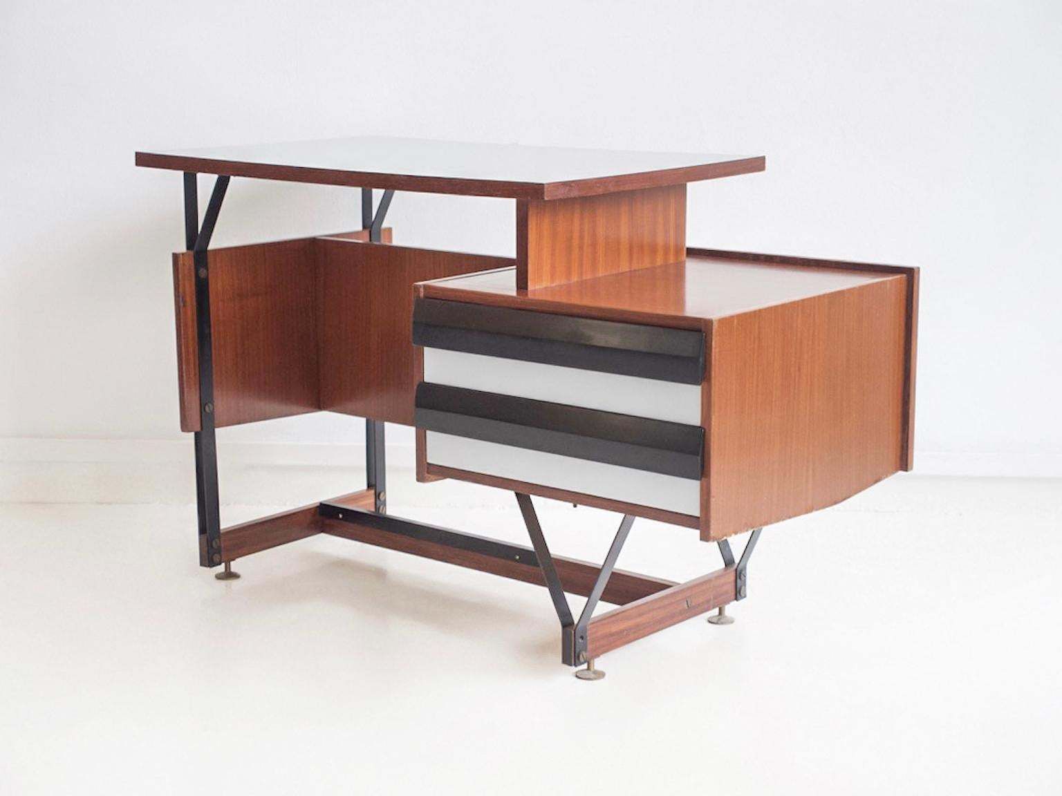 Wooden Writing Desk With Metal Structure, Italy, 1960s photo Furniture