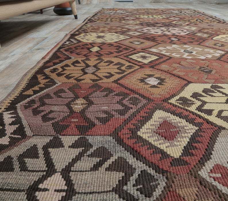 Turkish Vintage Kilim, Oushak Handmade Wool Flatweave Runner Rug, Rustic Hallway Rugs, Farmhouse Decor, One Of A Kind, Made In Kars photo Textiles