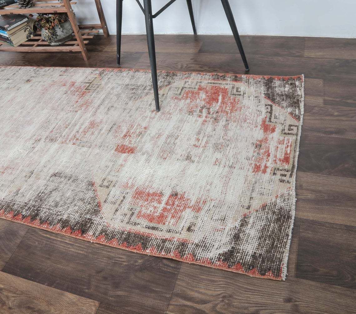 3x11 Turkish Antique Runner, Oushak Handmade Wool Rug, Neutral & Red Distressed Hallway Rugs, Farmhouse Decor, One Of A Kind, Anatolian photo Textiles