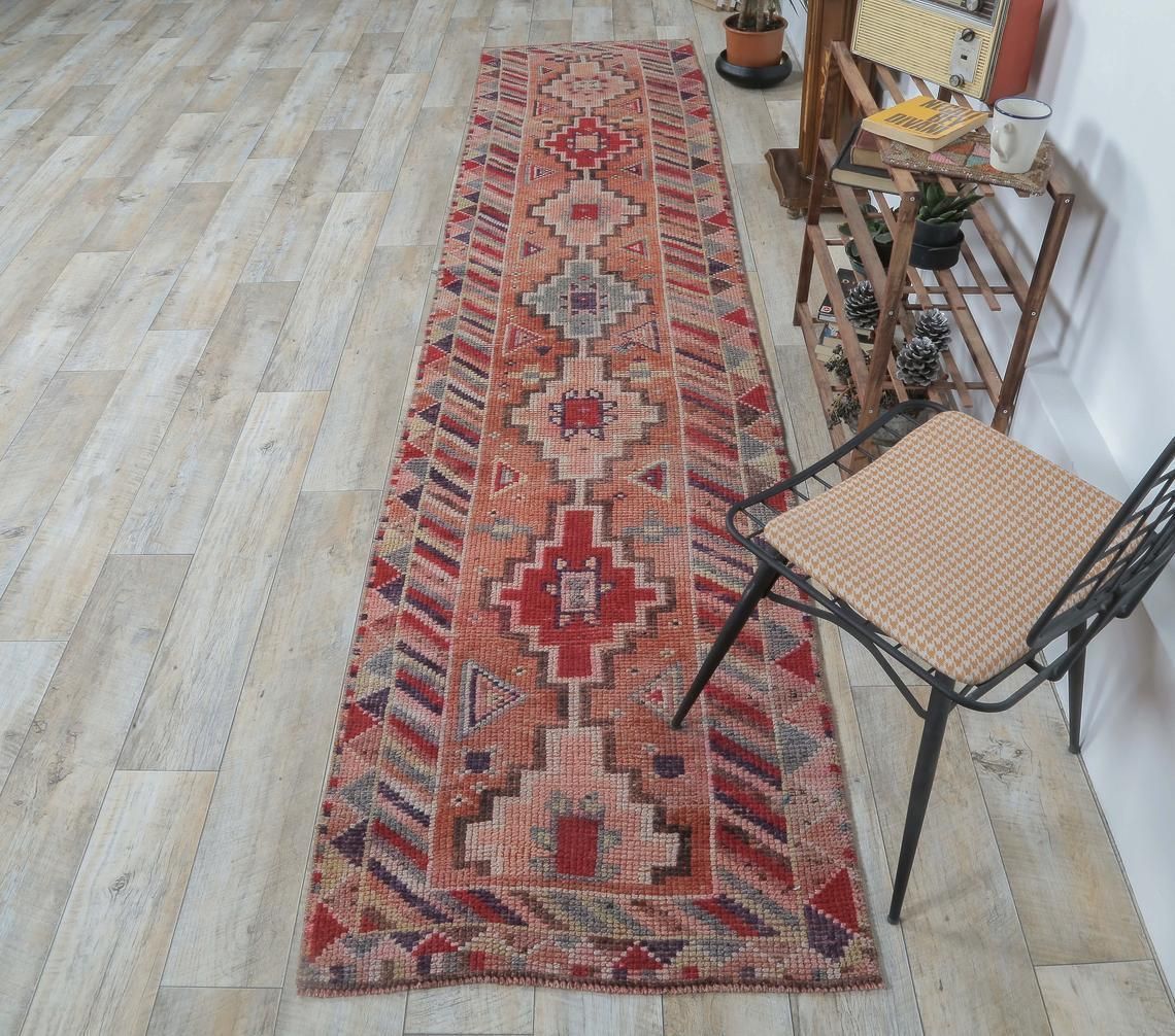 3x13 Light Red Vintage Turkish Oushak Runner, Hand Knotted Wool Carpet, Kitchen Hallway Rug, One Of A Kind, Anatolian, Boho Decor
